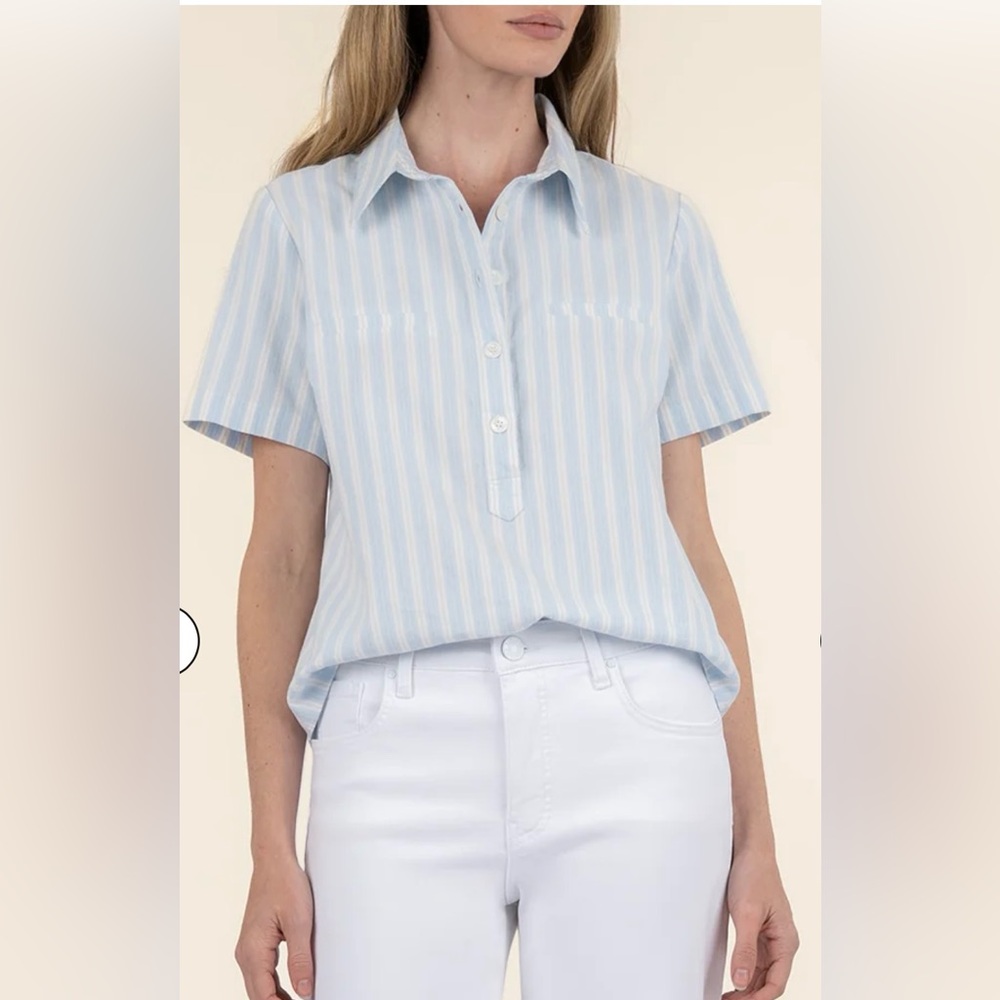 Kut from the Kloth Light Blue and White Striped Henley Shirt